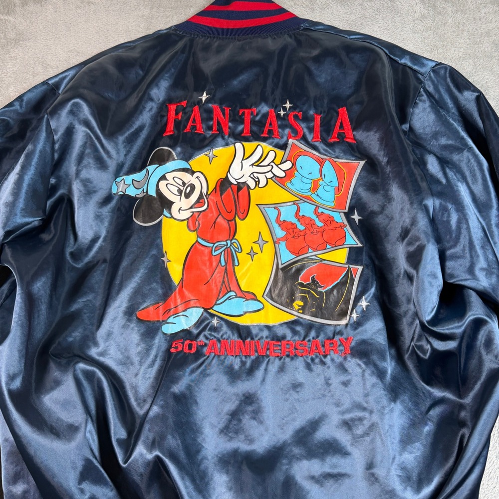 Vintage Disney Satin Bomber Jacket Men Large Blue Fantasia 50th Anniversary 90s